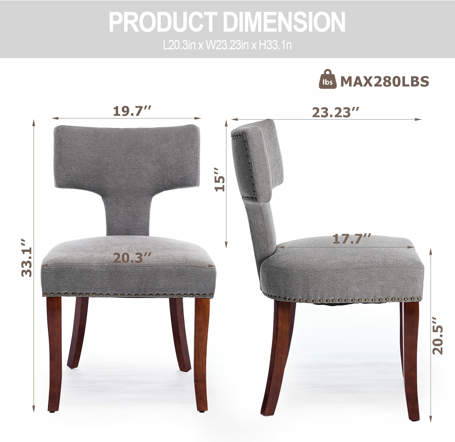 Dining Chair Set of 2 Linen Fabric Curved Backrest Farmhouse Mid Century Accent Upholstered Kitchen Chairs with Wood Legs and Foot Pad for Dining Room/Living Room/Restaurant,Grey