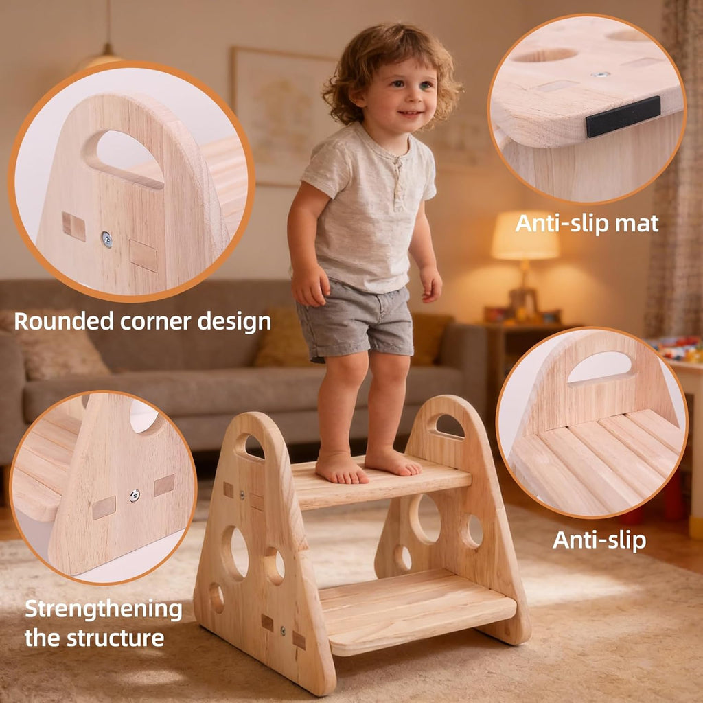 QZM Wooden Step Stool, trilateral Two Step Stools for Toddler 300 lbs Capacity with Safety Non-Slip Pads and Handles for Bathroom, Kitchen Dual Height for Kids, Natural