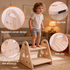 QZM Wooden Step Stool, trilateral Two Step Stools for Toddler 300 lbs Capacity with Safety Non-Slip Pads and Handles for Bathroom, Kitchen Dual Height for Kids, Natural