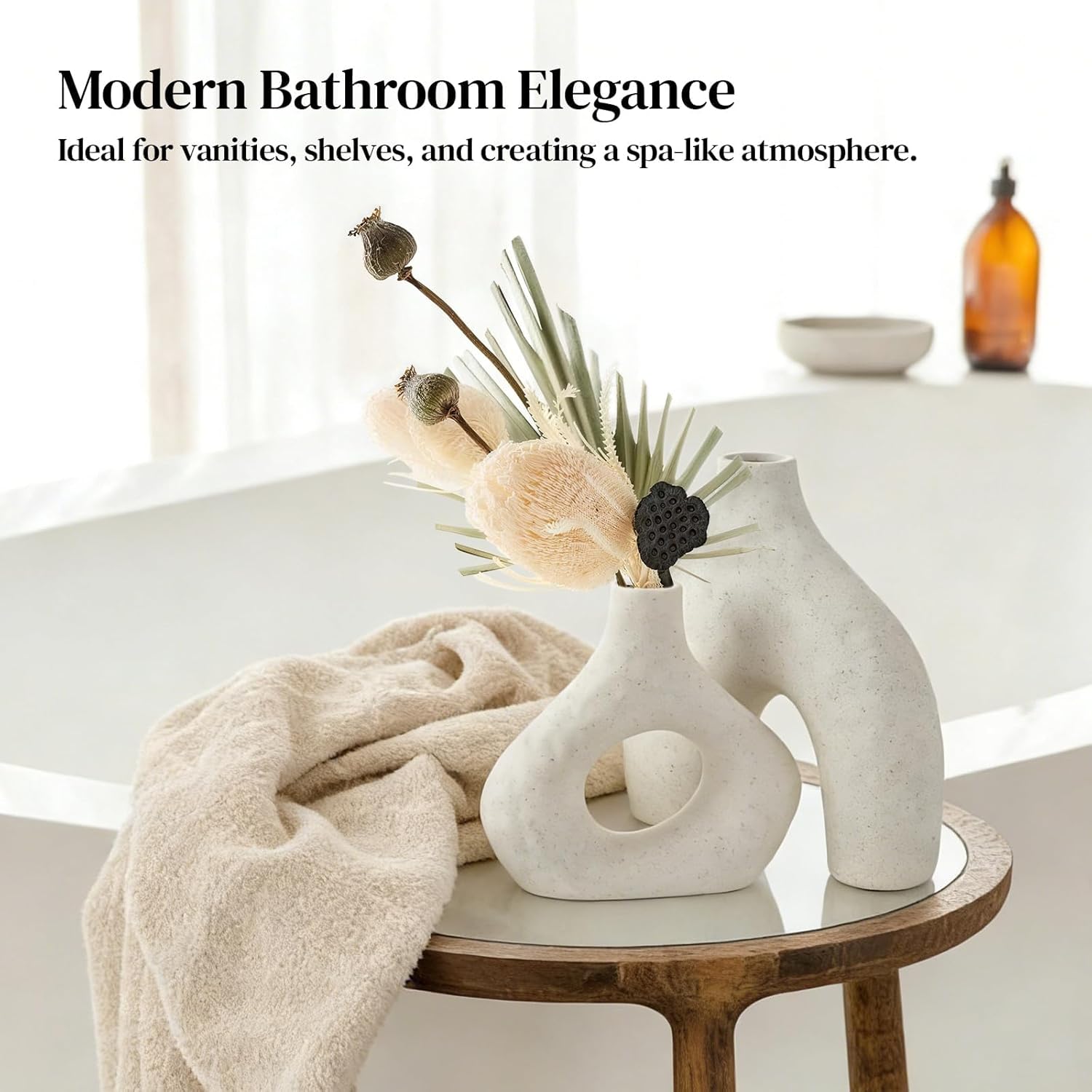 DOWAN Ceramic Vase Set of 2, 7.6" Decorative Pampas Vase for Home Decor, Modern Farmhouse Pottery Vase for Living Room Coffee Table Kitchen Bedroom Desk Entryway Mantel Book Shelf, Soft White