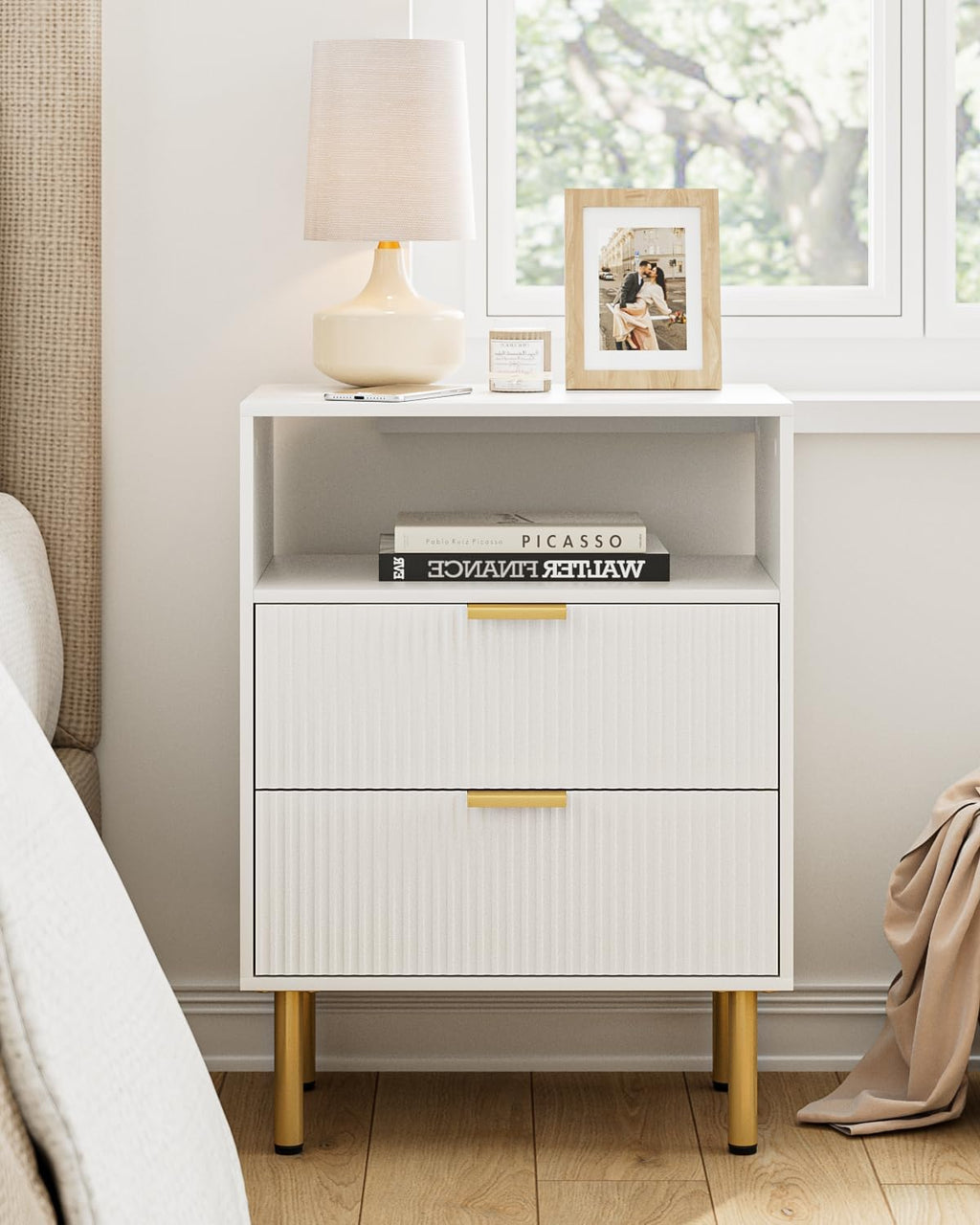 Night Stand,25.7" H Bedside Table with 2-Drawer Shelf,Morden Nightstand with Gold Frame,Fluted Side Table with Gold Frame,End Table for Bedroom,Living Room