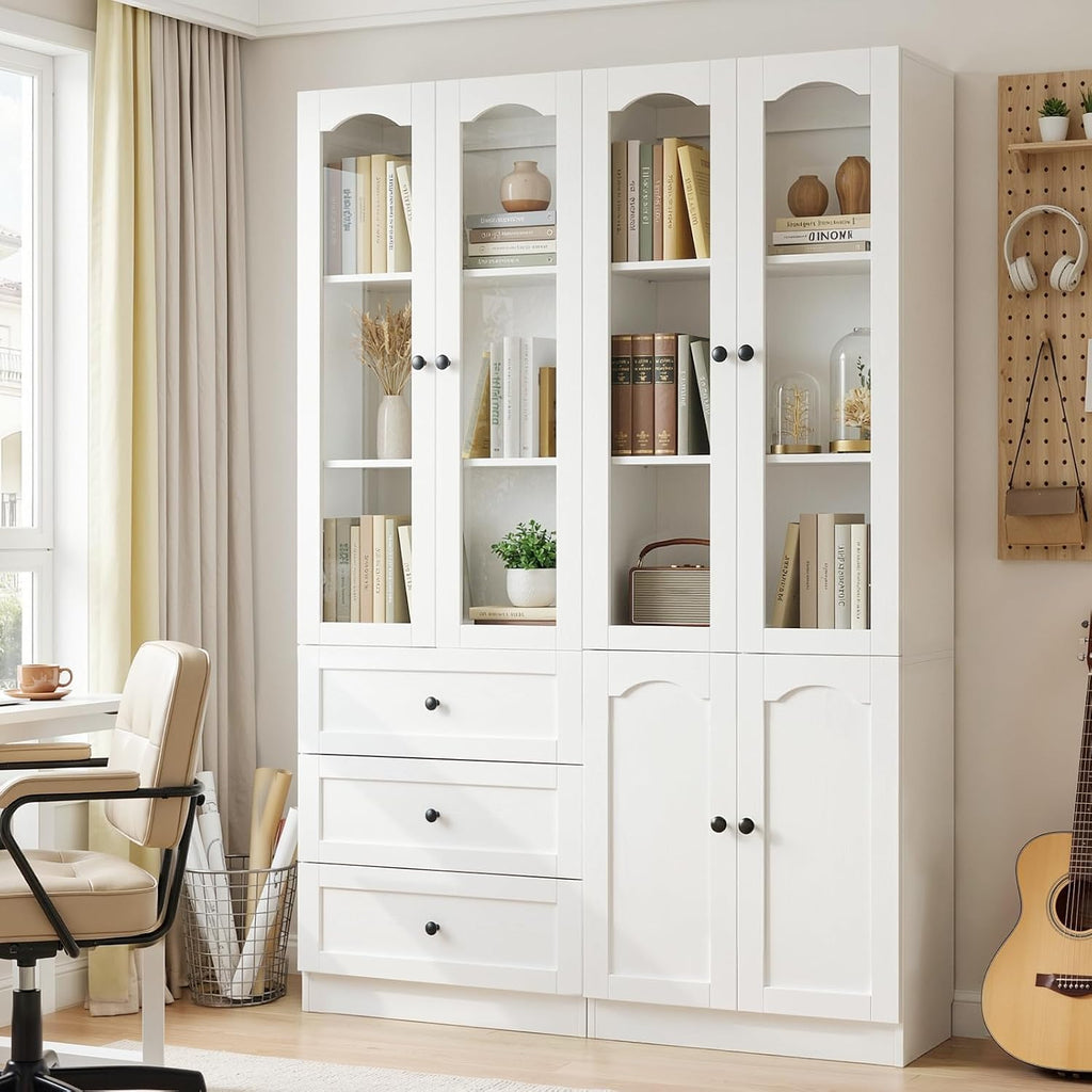 Cyclysio 80" Tall Pantry Cabinet Set of 3, White Kitchen Storage Cabinet with Arched Glass Doors, 3 Drawers & Cupboard, Flush-to-Wall Coffee Bar Hutch with Baseboard Cutout for Dining Room