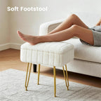 FUXA Vanity Stool Chair with Storage, White Faux Fur Makeup Chair with 4 Metal Legs and Anti-Slip Feet, Soft Padded Seat, Small Footrest Footstool Ottoman, Multifunctional Stool for Bedroom