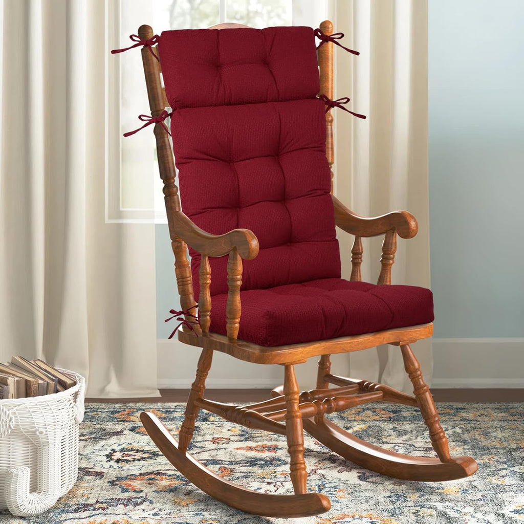 Rocking Chair Cushions Indoor High Back Set - Sackcloth Fabric, High-Density Sponge, Durable Comfort Non-Slip Bottom Tufted Seat Pads with Ties, Sackcloth︱Red, 52x19x4 inch