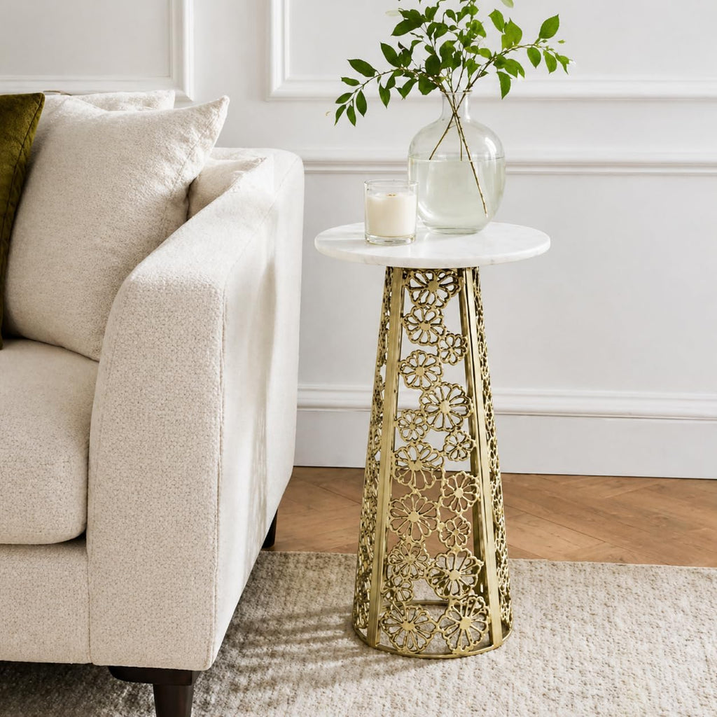 Gold Side Table with White Marble Top | Decorative Modern End Table | Aluminum Base | Accent Table for Living Room | 11x11x21.25