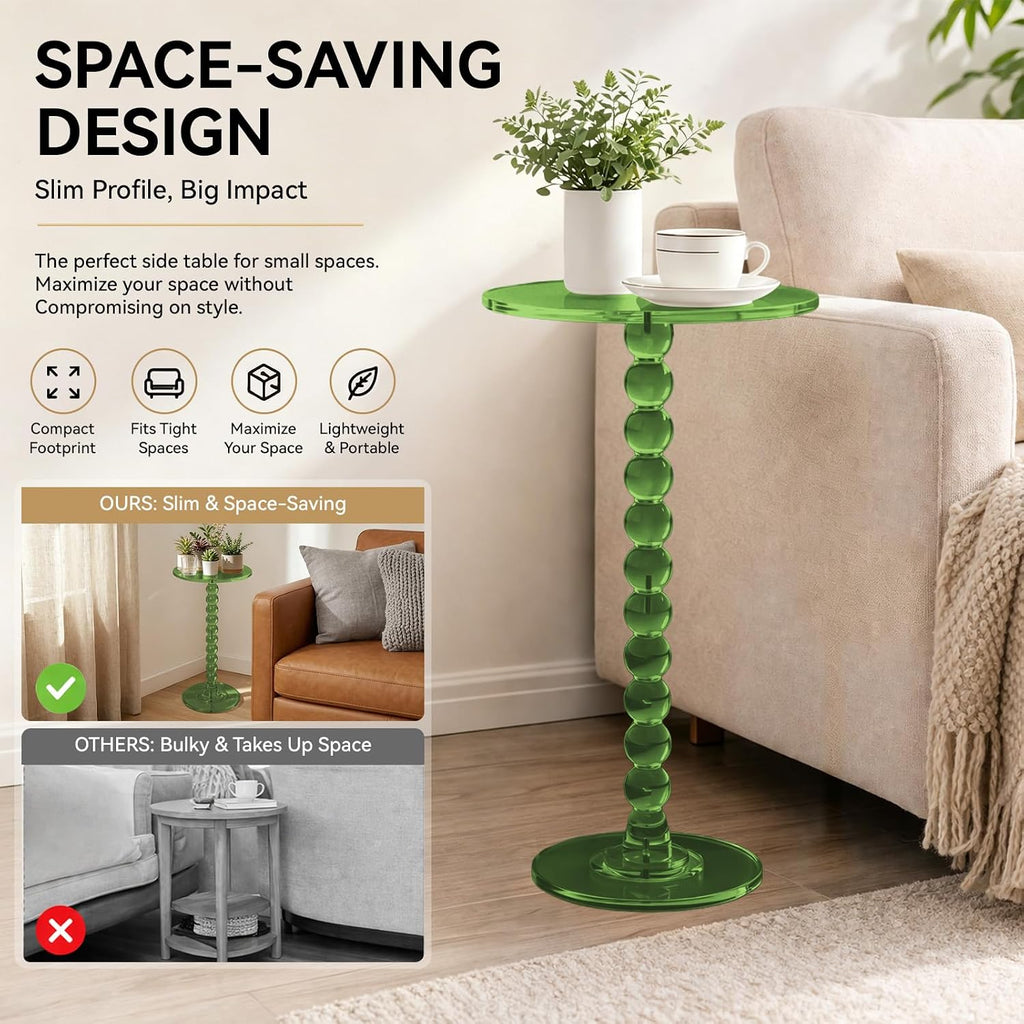 Acrylic Side Table, End Table Round Top with Solid Post, Clear Modern End Tables, Small Pedestal Drink Tables, Small Spaces Home Decor for Living Room, Bedroom, Balcony Green