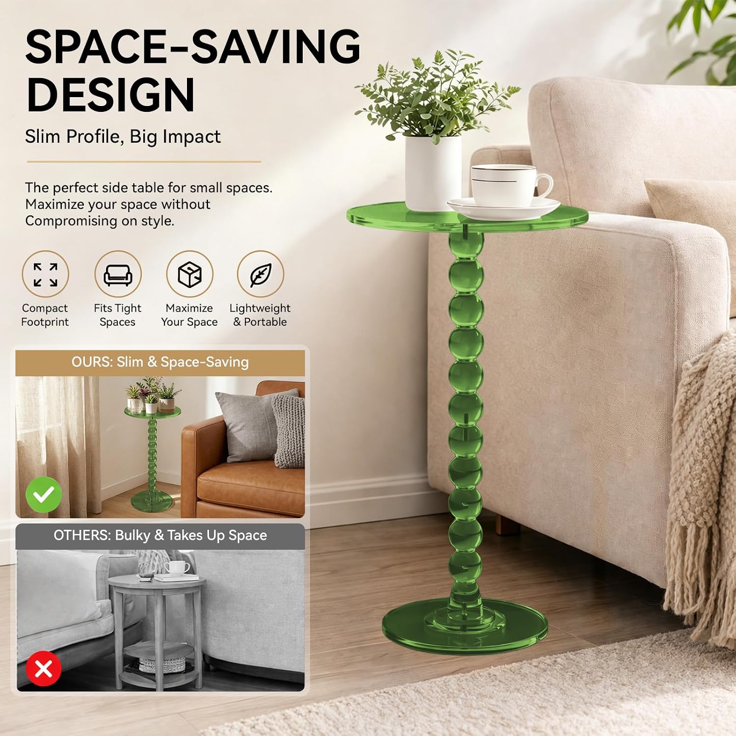 Acrylic Side Table, End Table Round Top with Solid Post, Clear Modern End Tables, Small Pedestal Drink Tables, Small Spaces Home Decor for Living Room, Bedroom, Balcony Green