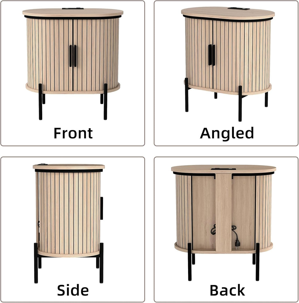 CANMOV Mid Century Modern Side Table,Oval Nightstand with Charging Station & Storage,Fluted Bedside Table with Sliding Doors,End Table for Small Space,Living Room, Bedroom,Kitchen,Oak