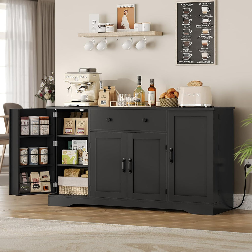 Brinlawb Buffet Cabinet with Storage & Charging Station, 53" Farmhouse Coffee Cabinet with Compartment Drawer, Sideboard Cabinets with Door and Adjustable Shelves for Kitchen, Black