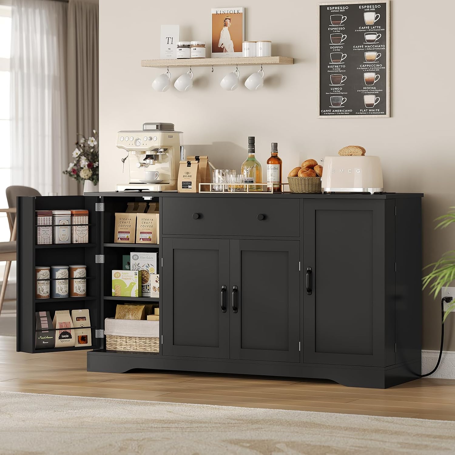 Brinlawb Buffet Cabinet with Storage & Charging Station, 53" Farmhouse Coffee Cabinet with Compartment Drawer, Sideboard Cabinets with Door and Adjustable Shelves for Kitchen, Black