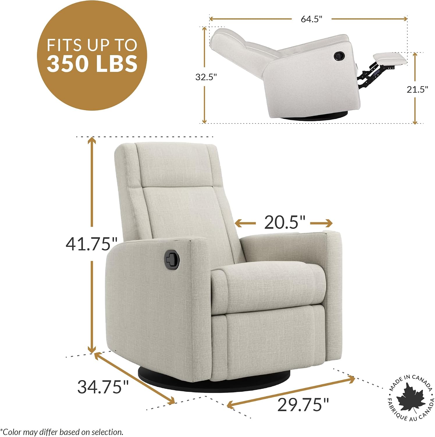 Jaymar Nelly Modern Nursery Glider Recliner Chair – Cozy Nursing Chair with 360° Swivel for New Parents, Gentle Motion, Compact Design, Lumbar Support – Made in Canada (Vanilla/Beyond Sheep Fabric)