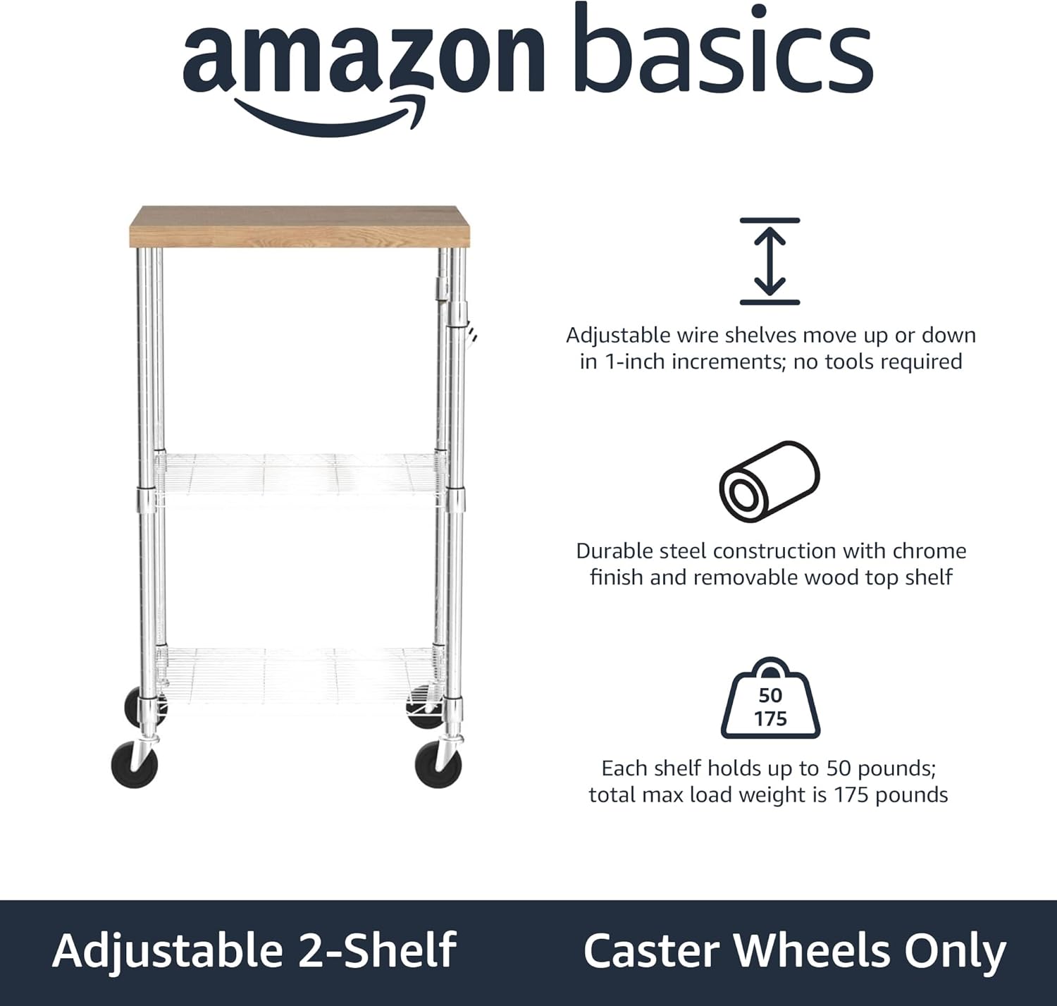 Amazon Basics Portable Kitchen 3-Tier Storage Rack on Caster Wheels with Adjustable 2 Shelves, 175 Pound Capacity, 21 x 15 x 36.7 inches (LxWxH), Wood/Chrome