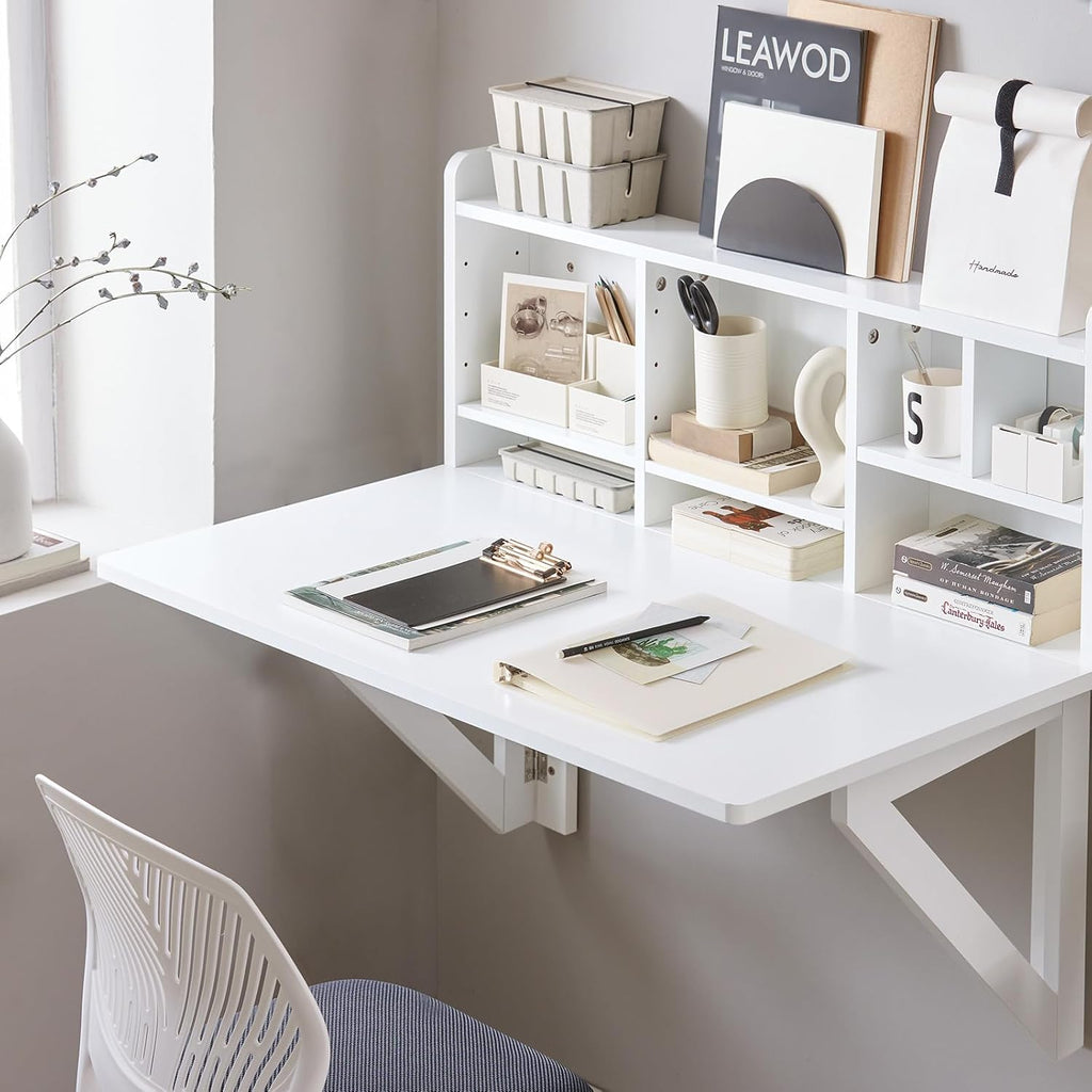 SoBuy Wall Mounted Folding Table | Floating Desk for Small Spaces, Fold Down Workstation Table with Adjustable Shelf for Home, Office, Bedroom, White