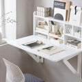 SoBuy Wall Mounted Folding Table | Floating Desk for Small Spaces, Fold Down Workstation Table with Adjustable Shelf for Home, Office, Bedroom, White