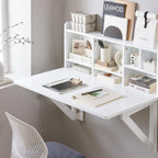 SoBuy Wall Mounted Folding Table | Floating Desk for Small Spaces, Fold Down Workstation Table with Adjustable Shelf for Home, Office, Bedroom, White