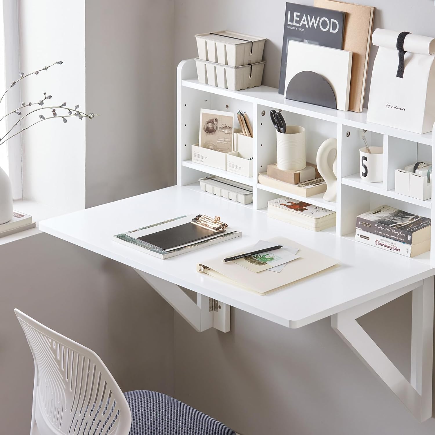 SoBuy Wall Mounted Folding Table | Floating Desk for Small Spaces, Fold Down Workstation Table with Adjustable Shelf for Home, Office, Bedroom, White
