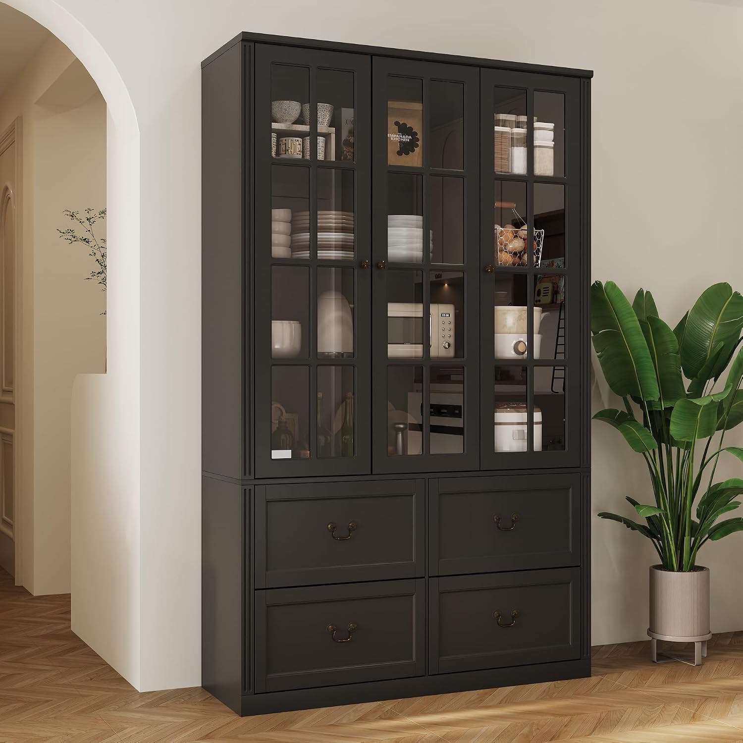 AGOTENI 47.2" W Pantry Cabinet with Glass Doors & 4 Drawers, Wooden Freestanding Kitchen Storage Cabinet with Adjustable Shelves & Vintage Handles for Dining Room Living Room, Black