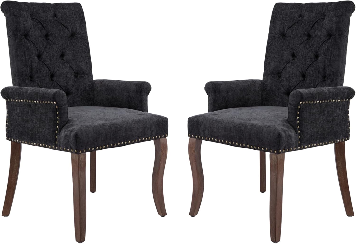 mikibama Chenille Upholstered Dining Chairs with High Back Set of 2,Vintage Tufted Kitchen Chairs with Rolled Arms,Farmhouse Fabric Accent Side Chair with Arms for Living Room (2, Black)