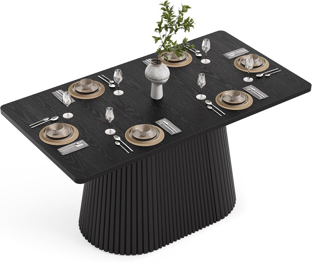 LITTLE TREE 59" Farmhouse Dining Table for 4-6 People, Modern Rectangular Kitchen Table with Metal Pedestal Base, Perfect for Dining Room, Kitchen, Living Room (Black)
