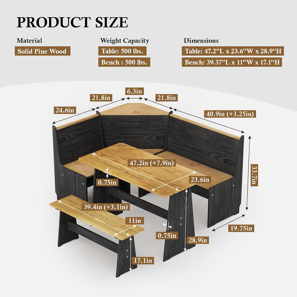 Breakfast Nook Dining Table Set – Black Corner Bench Dining Table, L Shaped Kitchen Nook Booth, Space-Saving Corner Dining Table Set for Kitchen, Apartment, Small Space