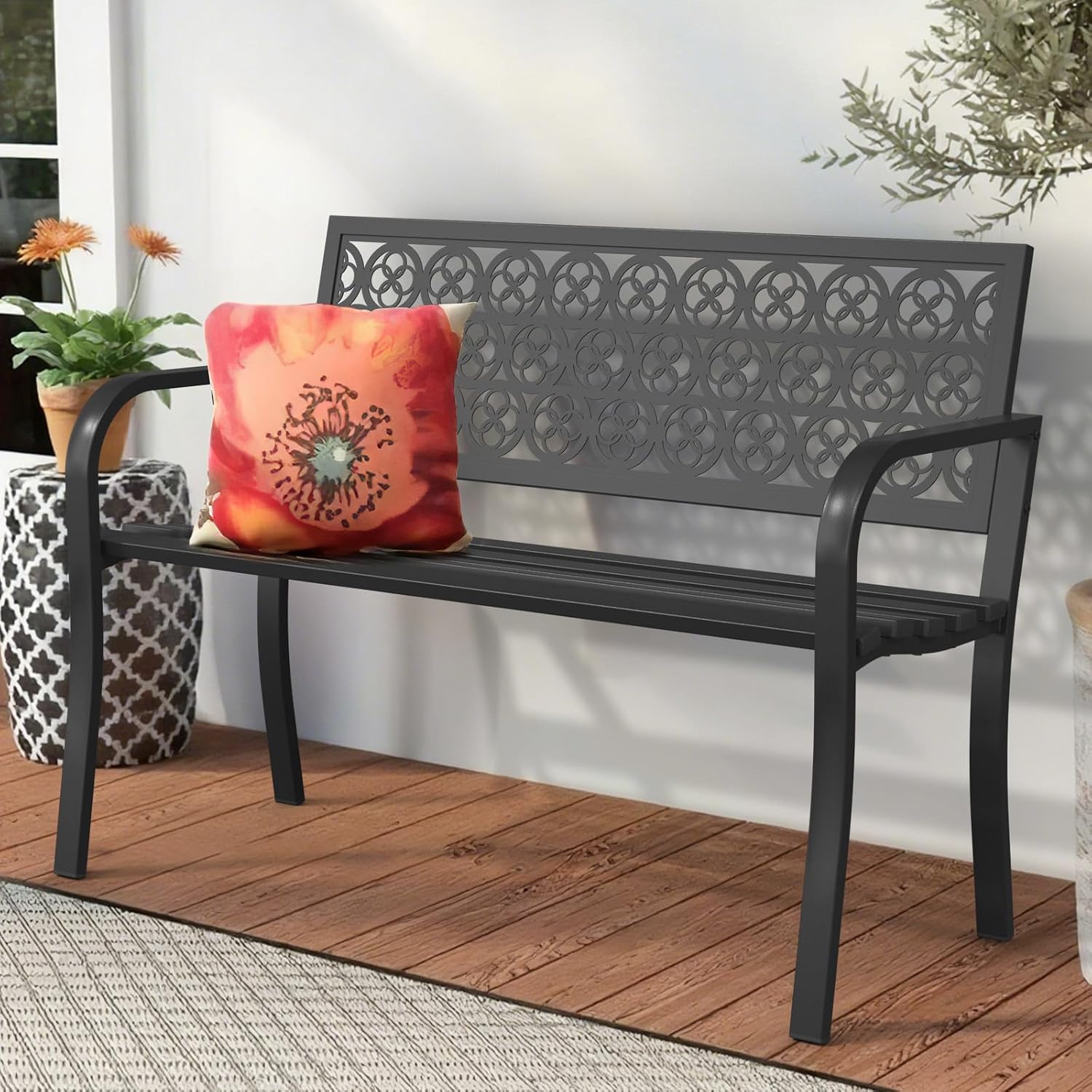 44" Outdoor Garden Bench, Iron Metal Frame Patio Bench with Backrest and Armrests, Weatherproof Anti-Rust Outdoor Bench for Front Porch, Park, Yard, Patio (411-Black)