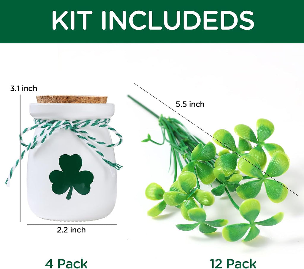 St Patricks Day Decorations-4pcs St.Patrick's Day Mini Jars with Artificial Shamrock-Mini Vases for St Patricks Day Home Kitchen Table Fireplace Mantel Decor