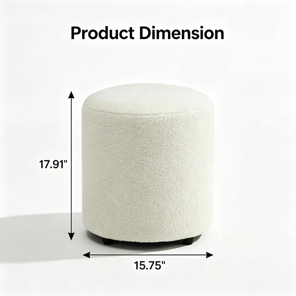 YDcosyfy Modern Round Ottoman, Teddy Fleece Vanity Stool Footrest, Upholstered Stool for Makeup, Bedroom, Living Room, White
