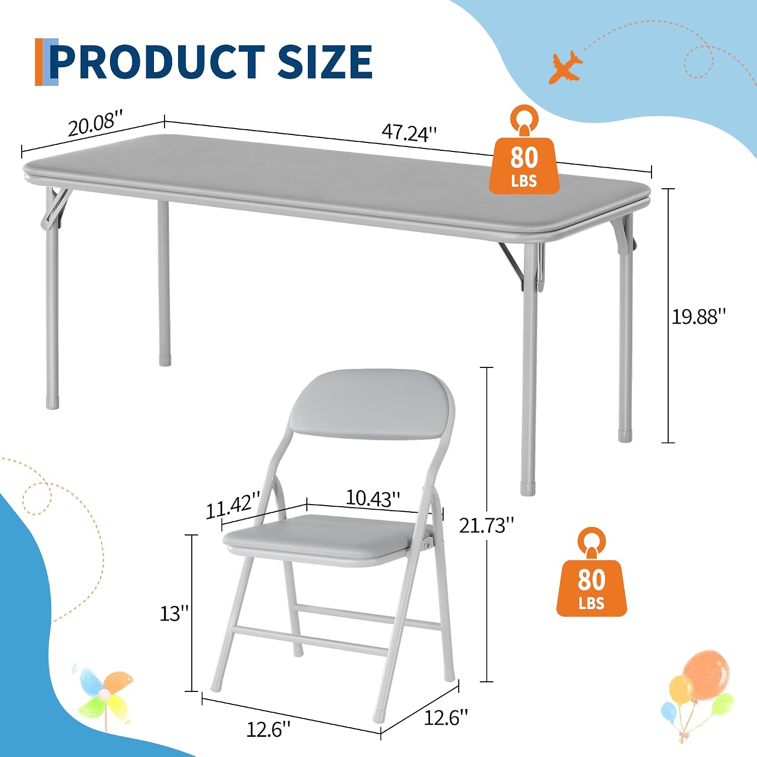 IDEALHOUSE 7 Piece Folding Kids Table and Chairs Set, Children Activity Table and Chairs Set for Dining Room,Daycare,Classrooms