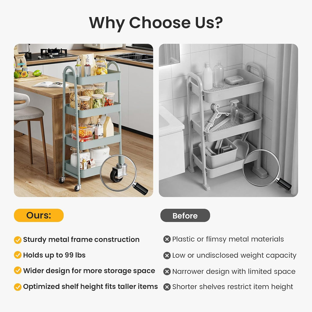 DUMOS 4 Tiers Metal Rolling Utility Cart with Lockable Wheels, Mobile Storage Organizer, Utility Shelving Unit for Kitchen, Office, Bathroom, Laundry, Narrow Places, Light Green