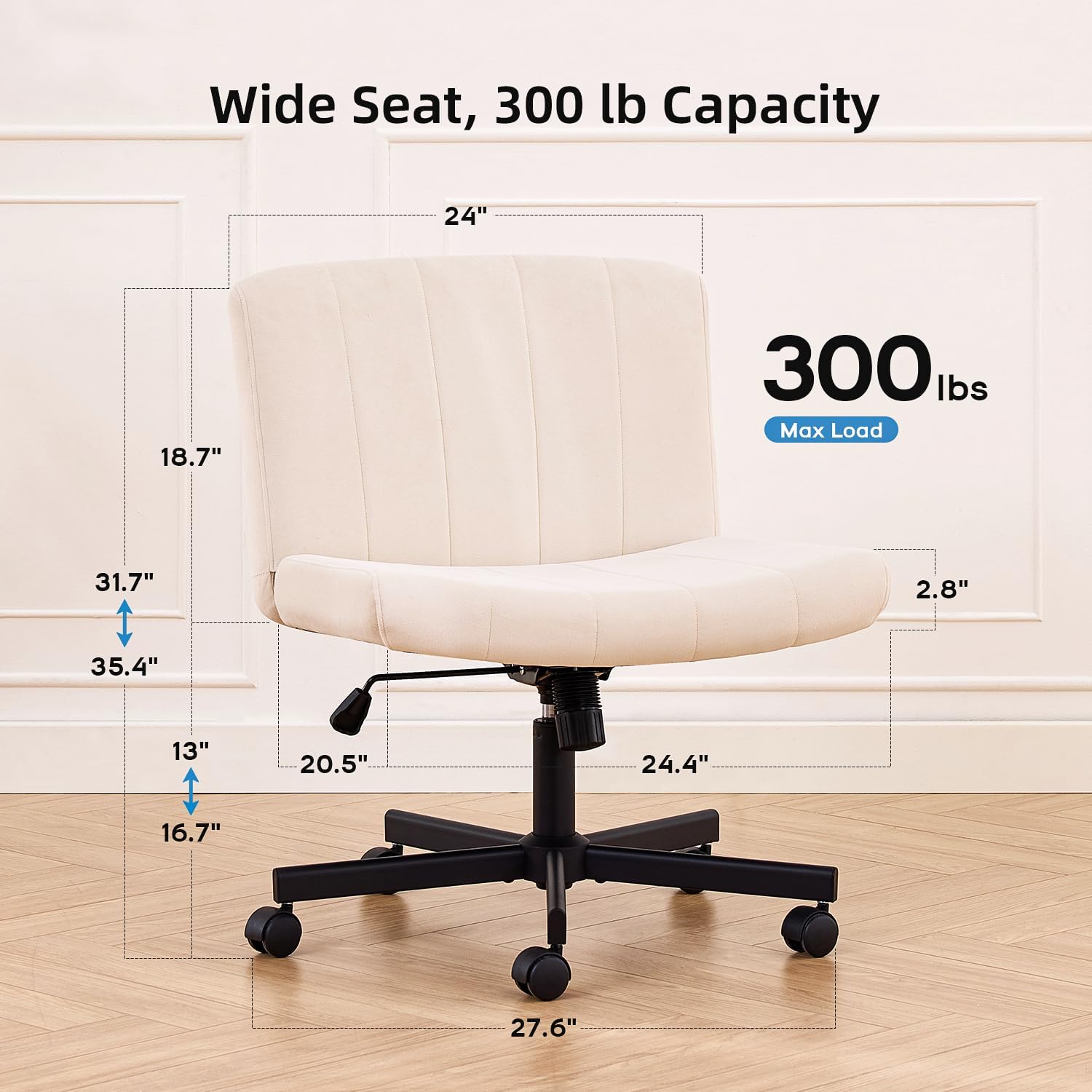amseatec Criss Cross Chair, Wide Cross Legged Desk Chair with Wheels, Comfy Fabric Vanity Chair for Home Office, Adjustable Armless Swivel Task Chair with 90–115°Tilt（300Lbs/Beige）