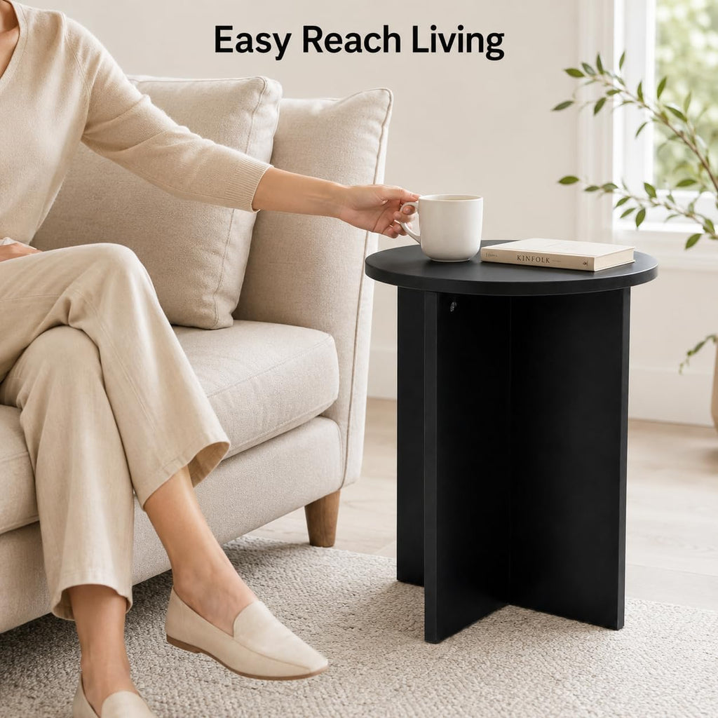 Black Round Side Table, Solid Rubber Wood Small End Table, 15.7" D | 19.7"H accent table for living room, bedroom, small spaces, sofa side or bedside; compact round top with stable cross base