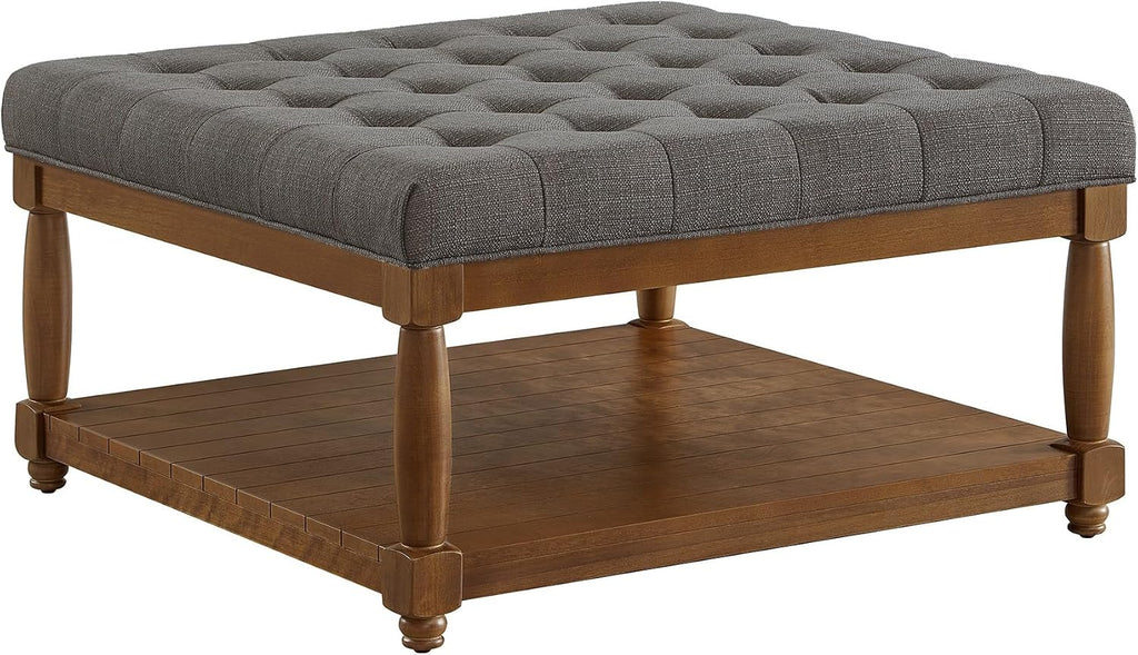 24KF Upholstered Square Coffee Table with Wooden Shelf, Tufted Button Large Square Ottoman with Spindle Wooden Legs, Linen Large Footrest Ottoman Pouf for Living Room, 5097-Granite