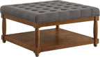 24KF Upholstered Square Coffee Table with Wooden Shelf, Tufted Button Large Square Ottoman with Spindle Wooden Legs, Linen Large Footrest Ottoman Pouf for Living Room, 5097-Granite