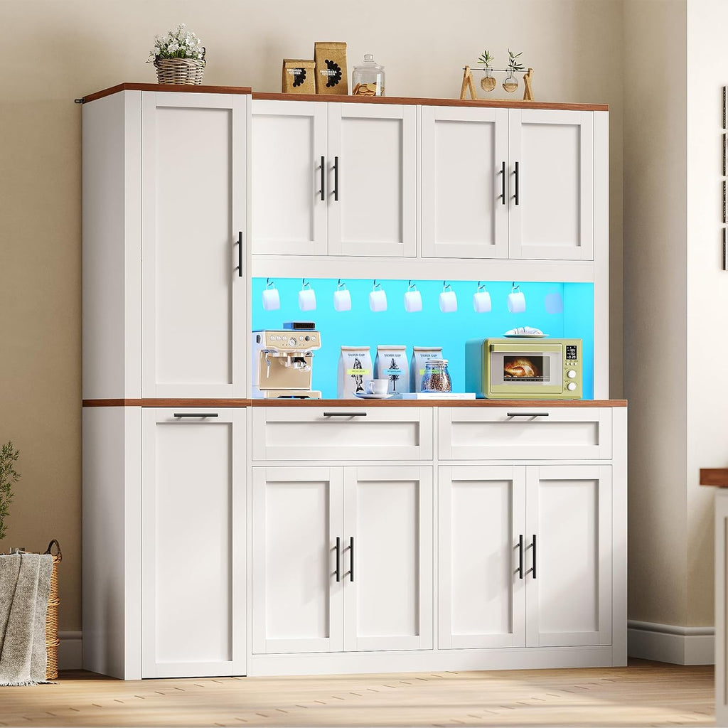 Itaar 71" Kitchen Pantry Cabinet with Charging Station and Led Light, Kitchen Storage Cabinets with Microwave Stand, 59" Wide Pantry Storage Cabinet with Storage Cart 3 Tier for Dining Room, White