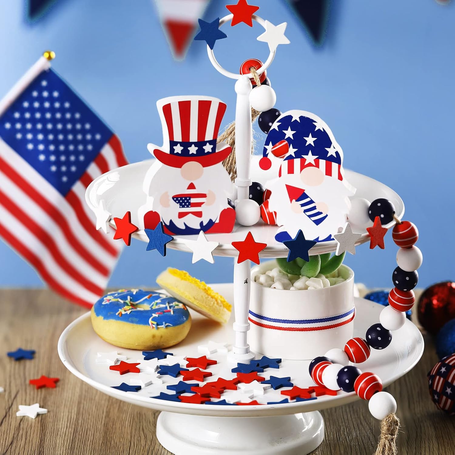 Bucherry 45 Pcs 4th of July Wooden Stars Decorations Patriotic Red White Blue Star 250 Anniversary Ornaments Crafts Cutouts Vase Bowl Filler Tiered Tray Decor for Independence Memorial Day