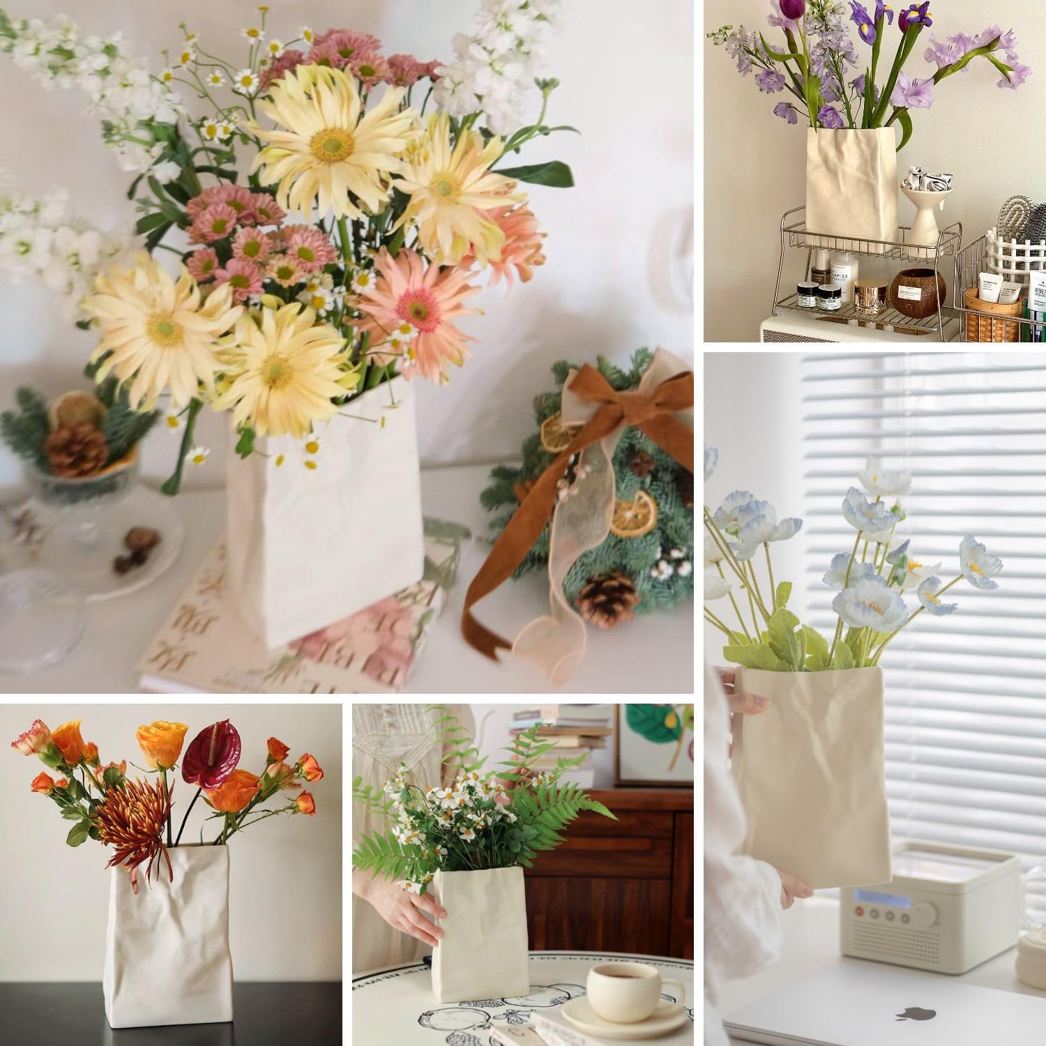 WENSHUO Crinkle Paper Bag Ceramic Vase, Modern Aesthetic Flower Vase for Home Decor, Unique Matte Ceramic Paperbag Vase for Flower Arrangement, Bookshelf Desk Decorative Ornament, Quirky Gift