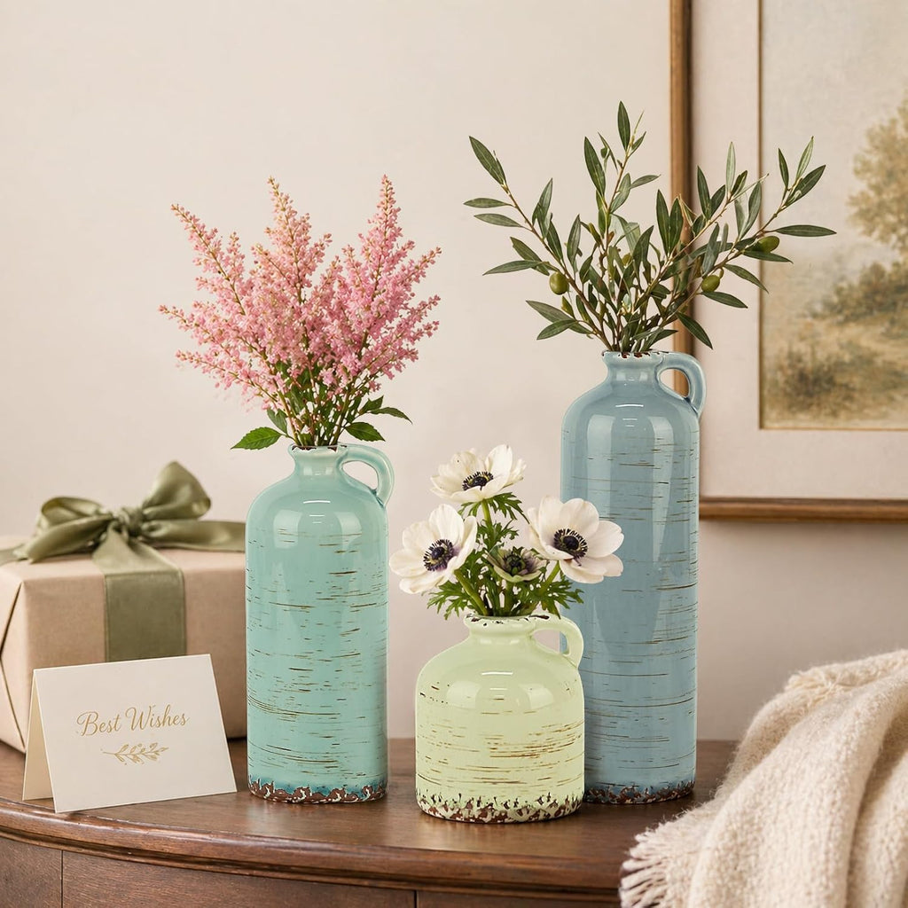 TBWIND Ceramic Vases Set of 3, Neutral Rustic Flower Vases with Handle for Modern Farmhouse Home Decor, Small Decorative Vases for Table Bookshelf Mantel Kitchen Living Room Bedroom - Morandi