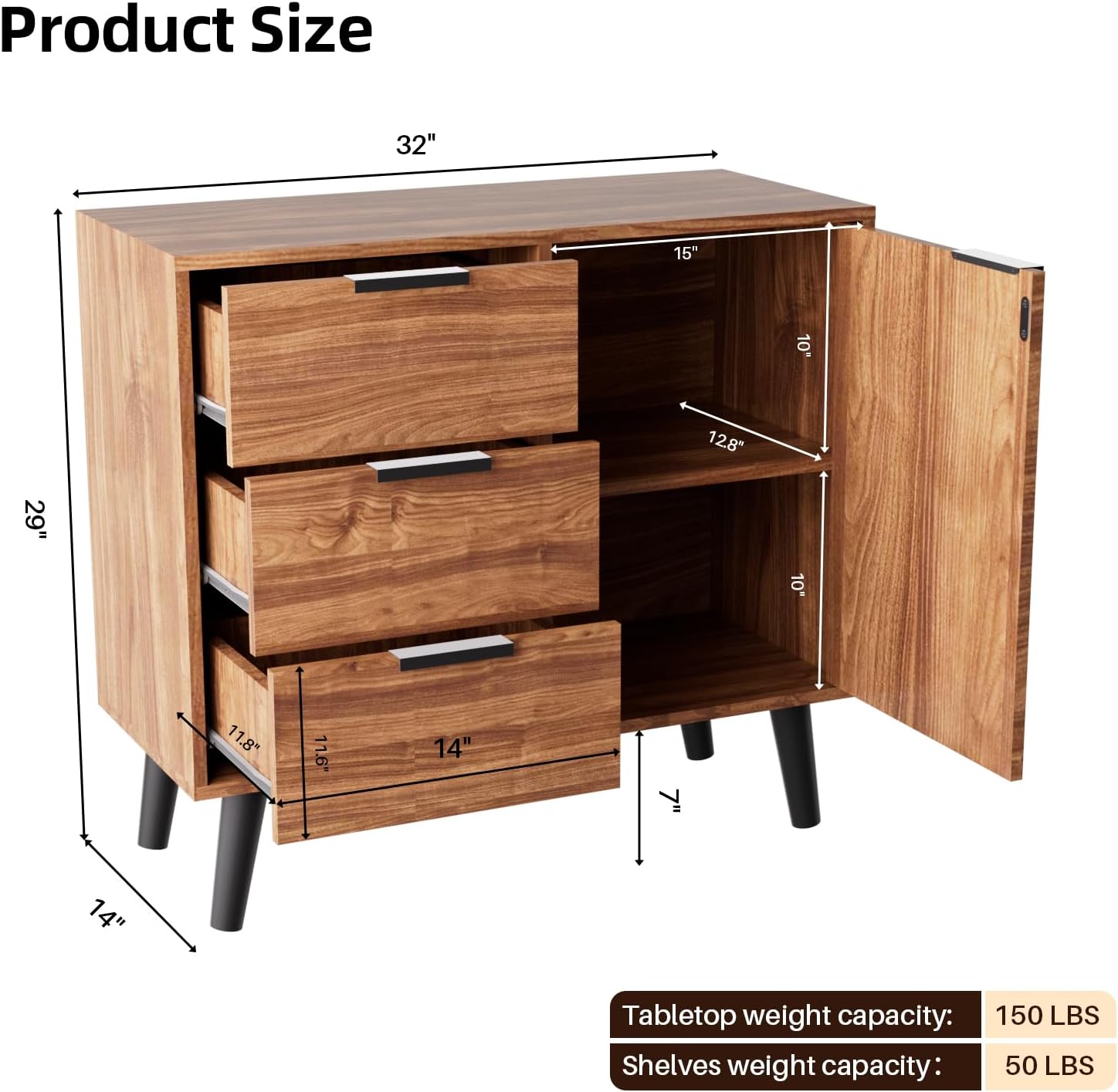 Buffet Sideboard Cabinet with Storage, Mid-Century Storage Cabinet with 3 Drawers and 1 Door, Kitchen Pantry Cabinet, Freestanding Accent Storage Cabinet for Living Room, Entryway