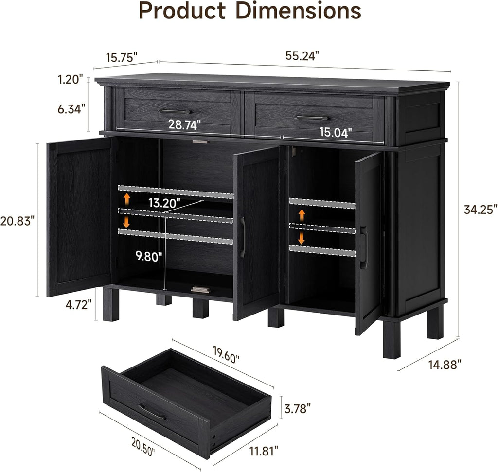 55 Inches Sideboard Buffet Cabinet with Storage, Farmhouse Sideboard Buffet w/2 Drawers and 3 Doors, Kitchen Cabinet with Adjustable Shelf, Wood Kitchen Console Table for Living Room, Hallway, Black