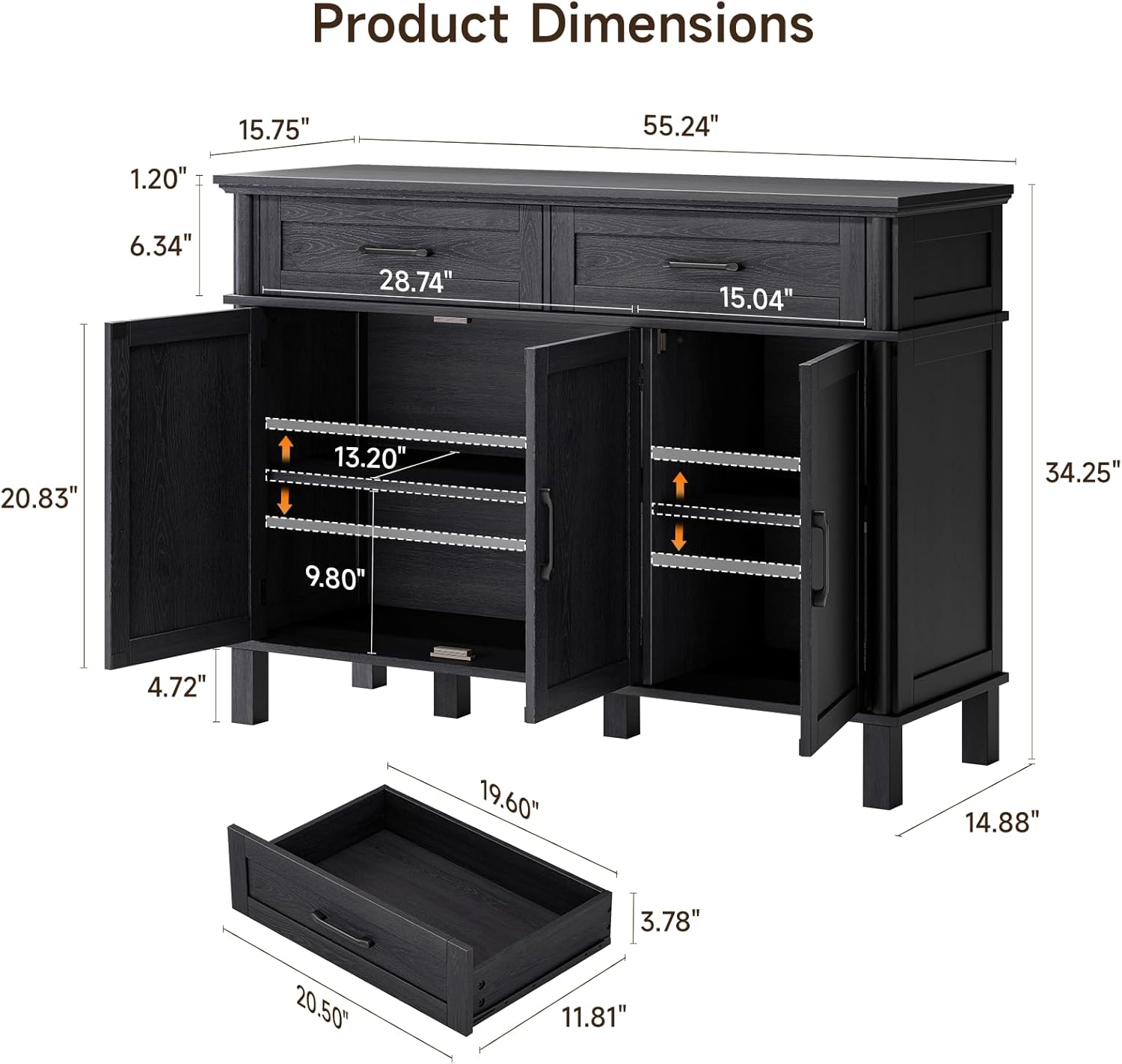 55 Inches Sideboard Buffet Cabinet with Storage, Farmhouse Sideboard Buffet w/2 Drawers and 3 Doors, Kitchen Cabinet with Adjustable Shelf, Wood Kitchen Console Table for Living Room, Hallway, Black