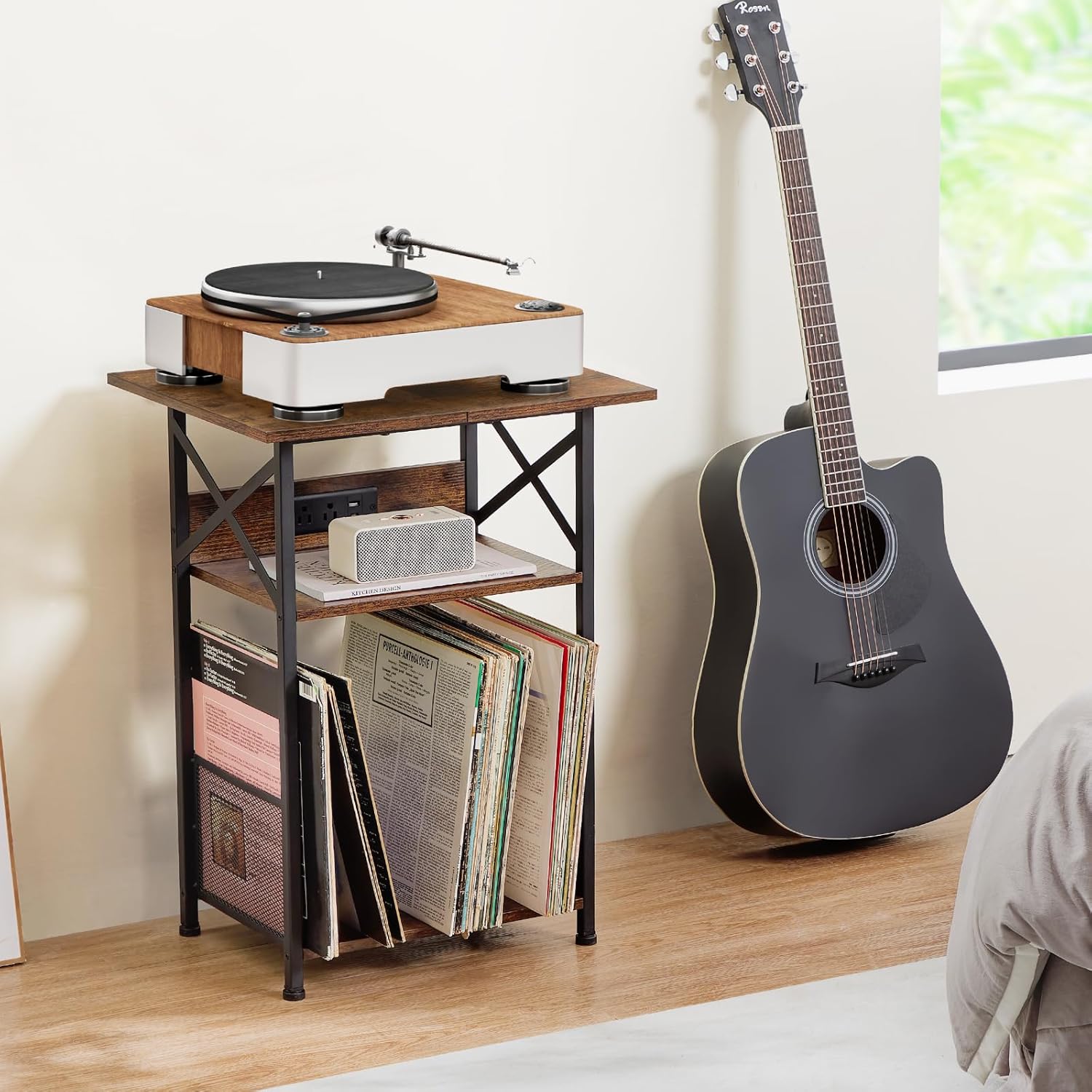 AMHANCIBLE C Shaped End Table，Large Turntable Stand with Storage Cabinet