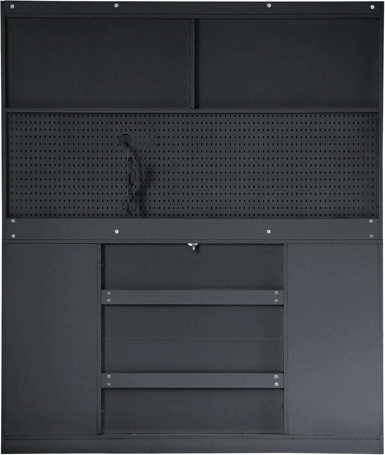 Large Pantry Cabinet with Hutch and Adjustable Shelves, Freestanding Coffee Bar Storage Cabinet with Drawers, Pegboard and Power Outlet for Kitchen, Dining Room (Black)