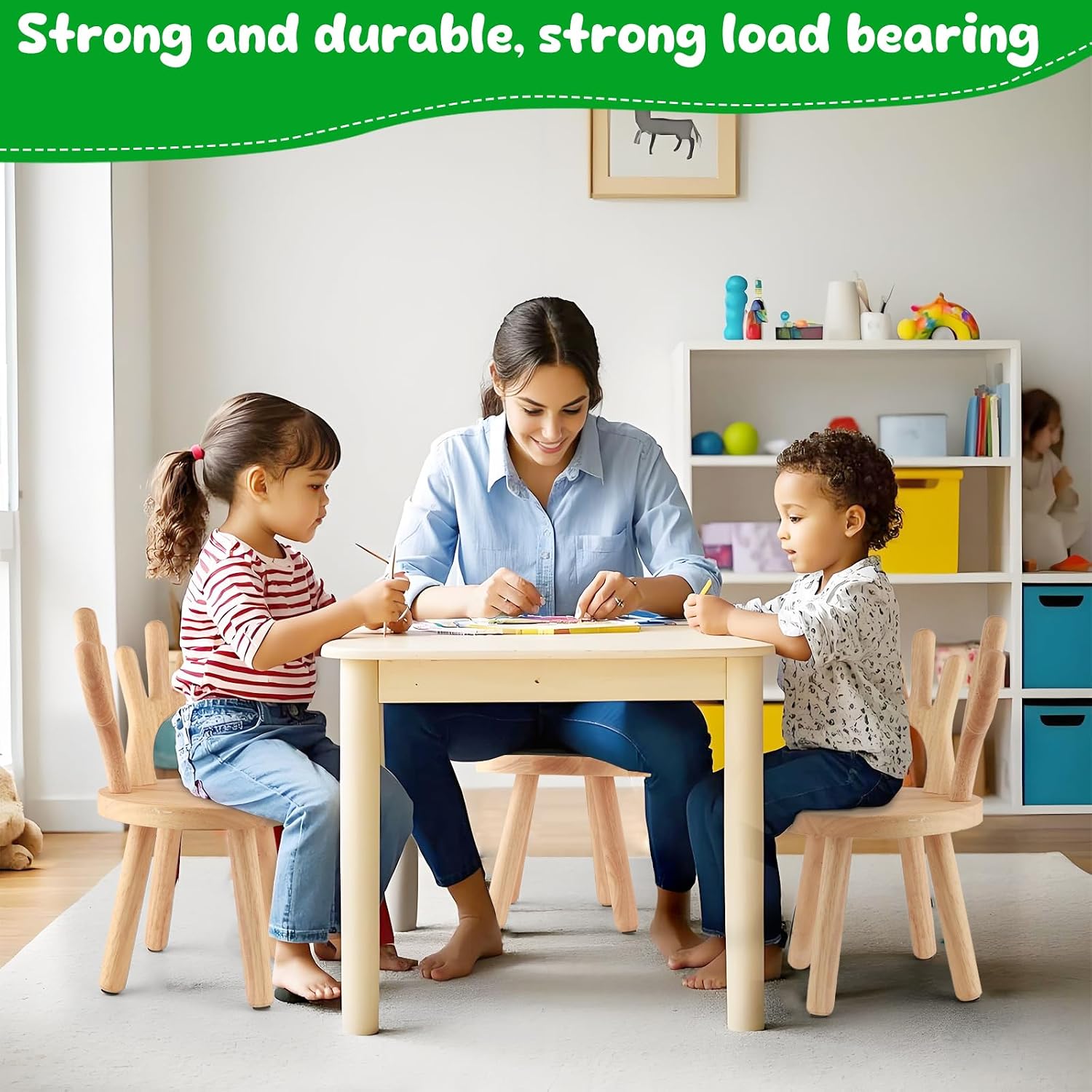 Wooden Toddler Chair, Kids Step Stool & Kids Chair for Table, 1-6 Years Solid Rubber Wood Desk Chair with Deer Antlers Backrest, CPC Certified, Safe & Sturdy for Home Playroom Classroom（1 Pack）