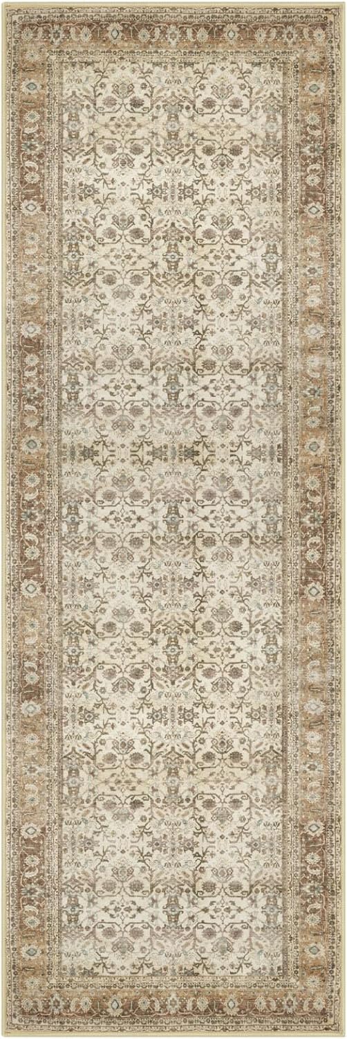 SIILOOM 2x6 Washable Runner Rug for Hallways, Beige Brown Soft Vintage Tribal Kitchen Rugs with Non-Slip, Non-Shedding Tribal Floral Rug for Bedroom Kitchen Porch Laundry Entryway