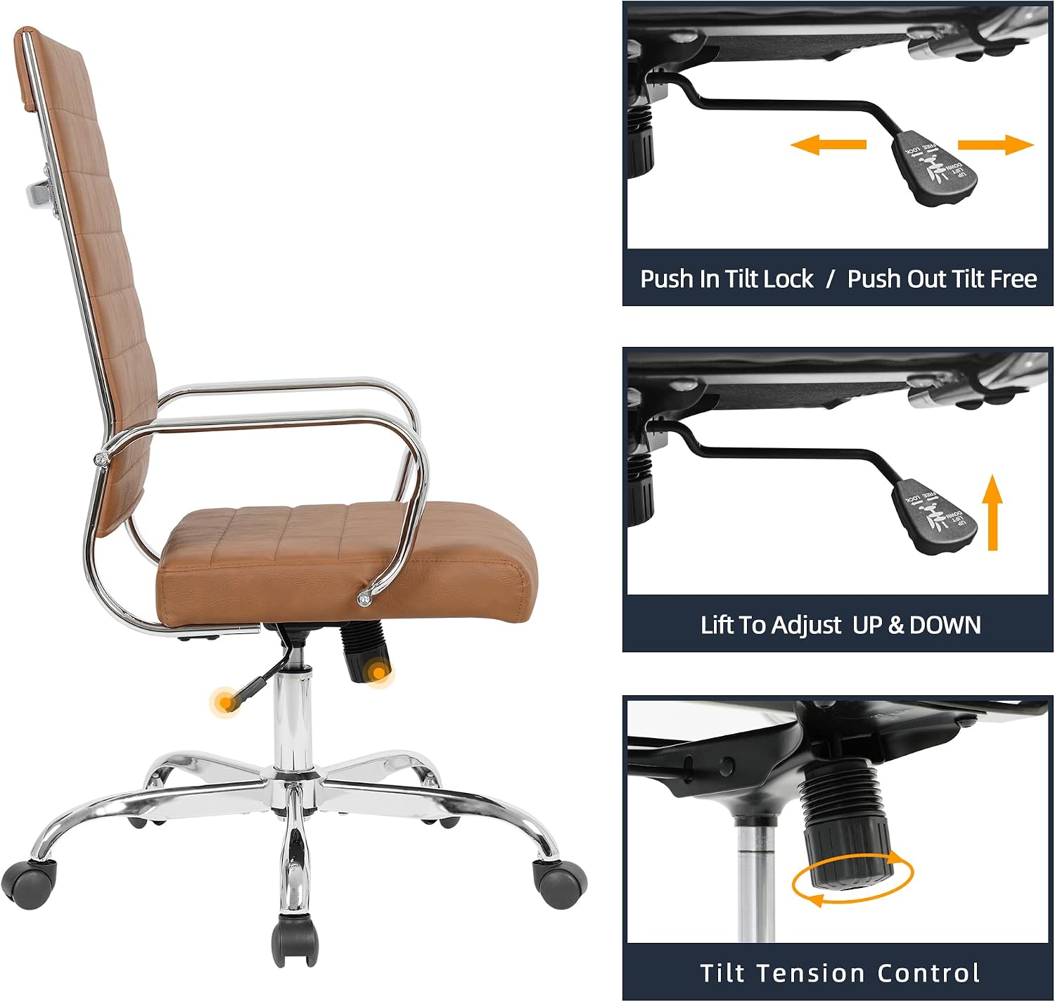 LANDSUN Home Office Chair High Back Executive Chair Ribbed Leather Computer Desk Chair with Armrests Soft Padded Adjustable Height Swivel Modern Conference Chrome Brown