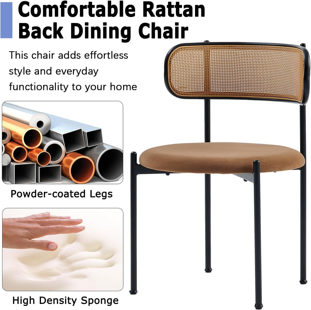 Rattan Dining Chairs Set of 6, Mid Century Modern Dining Chairs with Cane Back and Boucle Upholstered Seat, Farmhouse Kitchen Chairs for Dining Room and Living Room, Brown