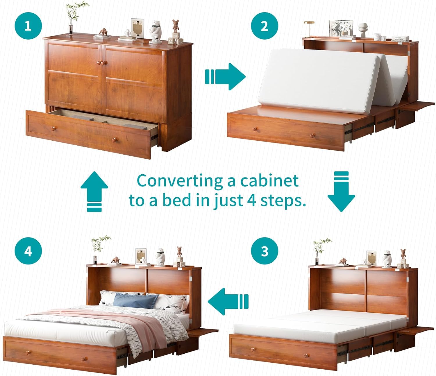 BALUS Queen Murphy Bed with Tri-Fold Memory Foam Mattress, Built-in USB Charging Ports & Bedside Panel, Wood Hidden Wall Beds, Modern Murphy Beds Cabinet Beds for Bedroom/Living Room, Cherry