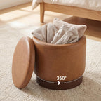 Giantex Round Ottoman with Storage, 360° Swivel Faux Leather Vanity Stool with Removable Lid & Acacia Wood Frame, Ottoman Foot Rest for Living Room, Bedroom, Makeup Room