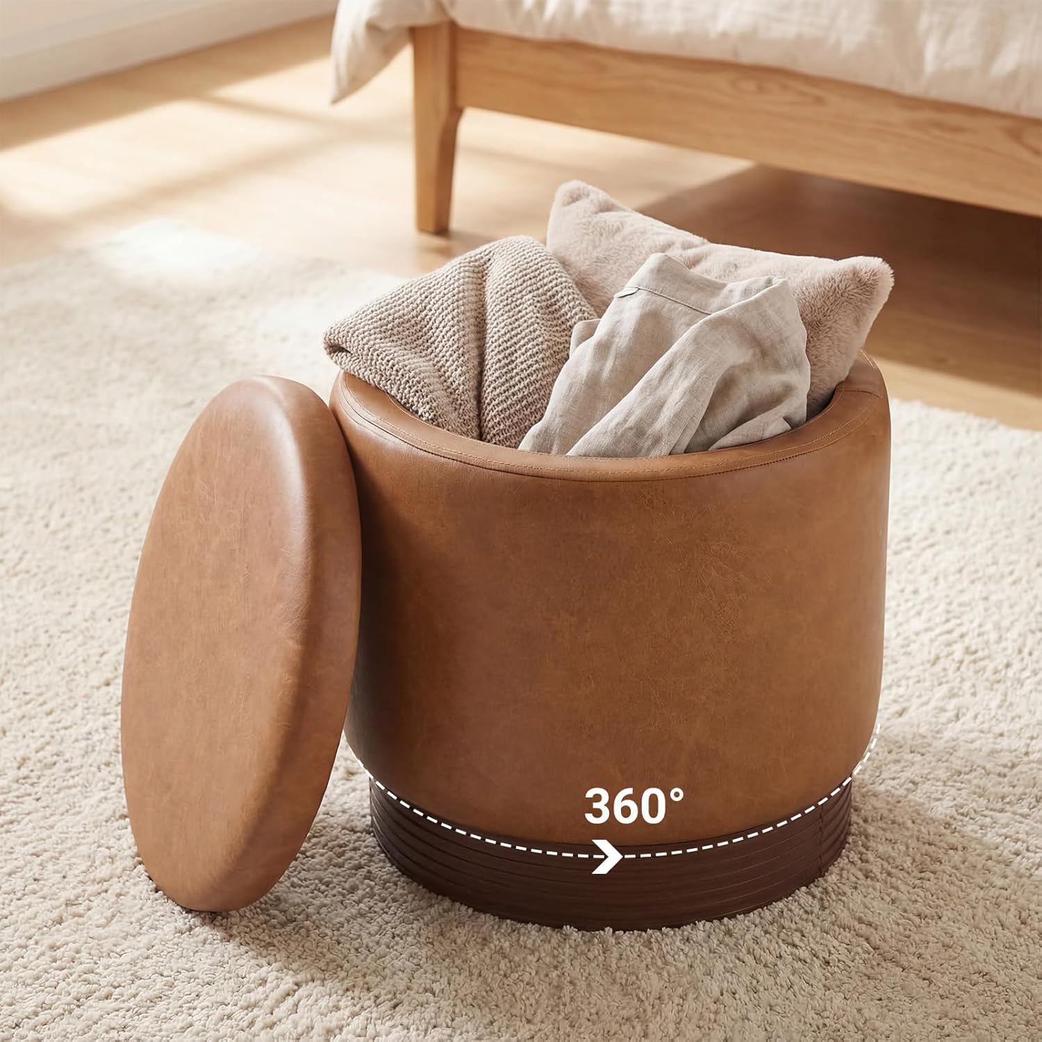 Giantex Round Ottoman with Storage, 360° Swivel Faux Leather Vanity Stool with Removable Lid & Acacia Wood Frame, Ottoman Foot Rest for Living Room, Bedroom, Makeup Room