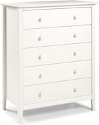 Alaterre Furniture Simplicity Wood 5-Drawer Chest, Kids Bedroom Dresser, Anti-Tip Safety, Metal Glides, Wooden Knobs, Brazilian Pine and Veneers, White